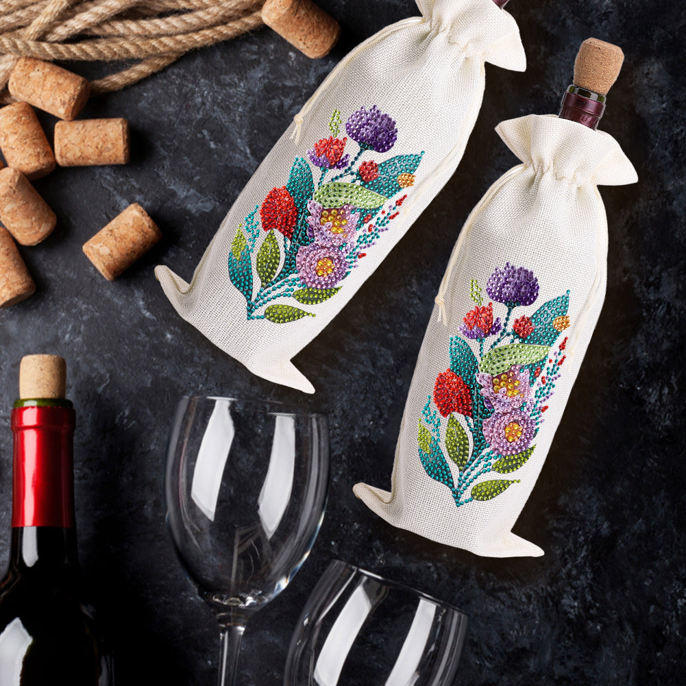 Diamond Painting Burlap Wine Gift Bags Label Liquor Bottle Covers (Flower)
