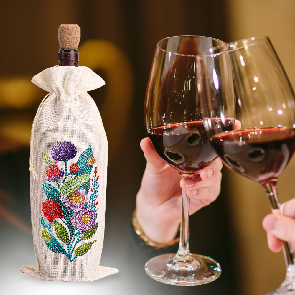 Diamond Painting Burlap Wine Gift Bags Label Liquor Bottle Covers (Flower)
