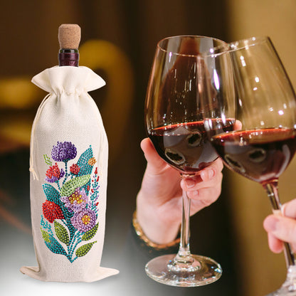 Diamond Painting Burlap Wine Gift Bags Label Liquor Bottle Covers (Flower)