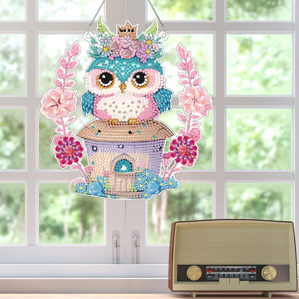 Acrylic Single-Sided 5D DIY Diamond Painting Hanging Pendant (Owl on the House)