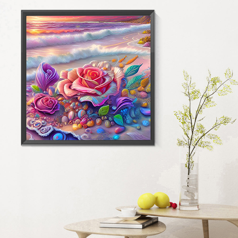 Colorful Beach With Roses - Full Round Drill Diamond Painting 30*30CM