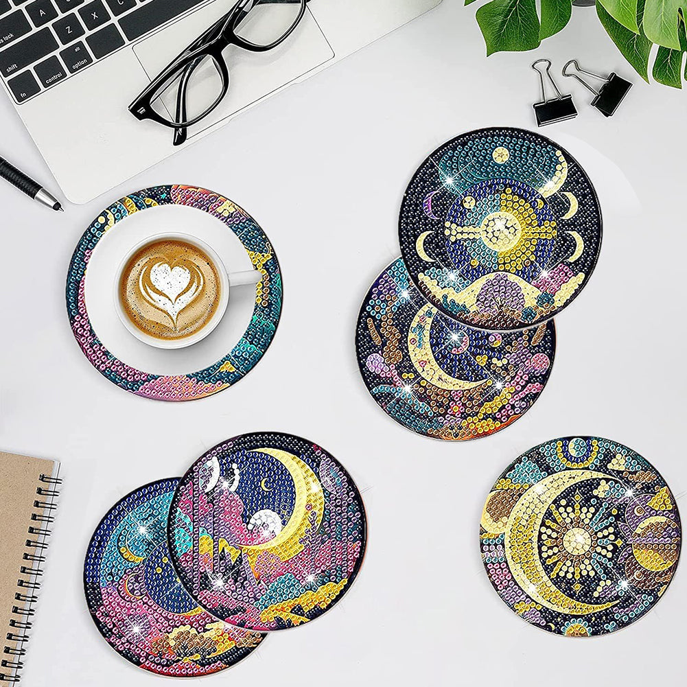 8 PCS Acrylic Diamond Painting Art Coaster Crafts Kit with Holder(Moonlit Scene)