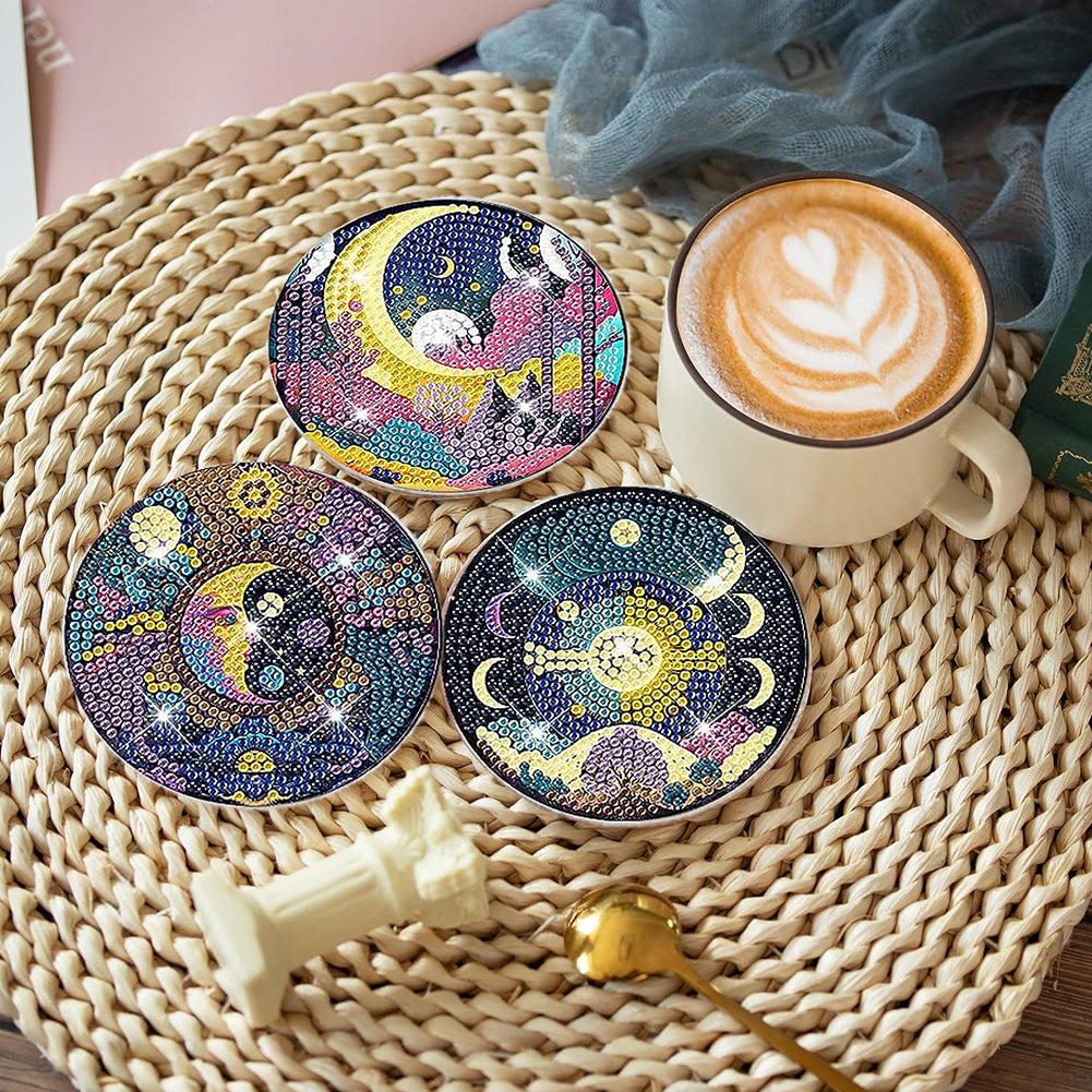 8 PCS Acrylic Diamond Painting Art Coaster Crafts Kit with Holder(Moonlit Scene)