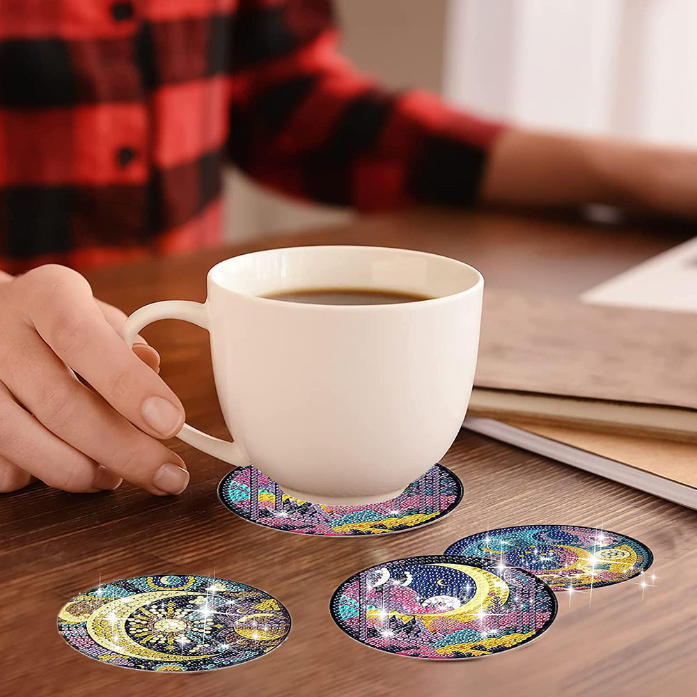 8 PCS Acrylic Diamond Painting Art Coaster Crafts Kit with Holder(Moonlit Scene)