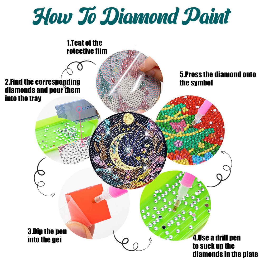 8 PCS Acrylic Diamond Painting Art Coaster Crafts Kit with Holder(Moonlit Scene)