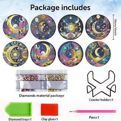 8 PCS Acrylic Diamond Painting Art Coaster Crafts Kit with Holder(Moonlit Scene)