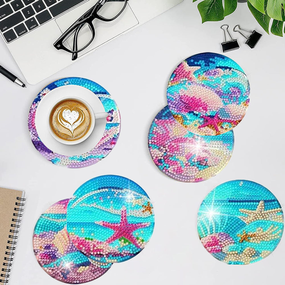 8 PCS Acrylic Diamond Painting Art Coaster Crafts Kit with Holder(Seafront View)