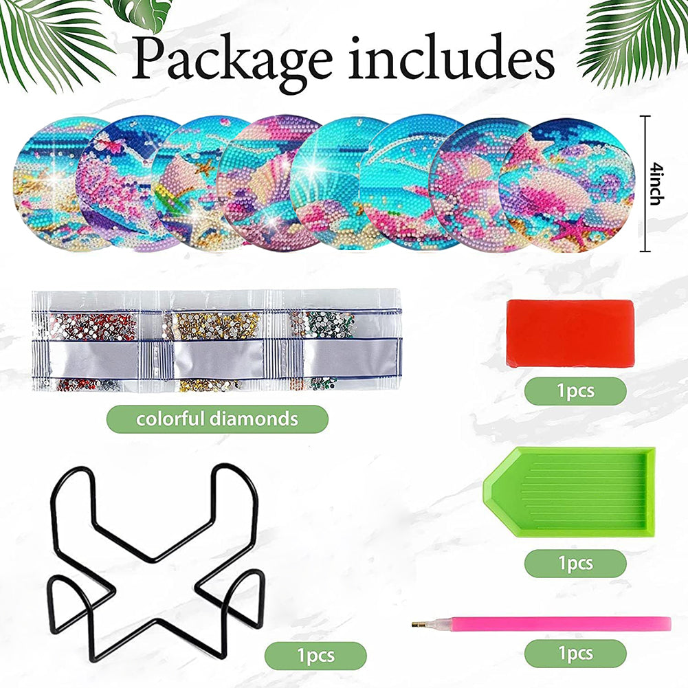 8 PCS Acrylic Diamond Painting Art Coaster Crafts Kit with Holder(Seafront View)