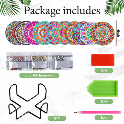 8 Pcs Acrylic Diamond Painting Art Coasters Kit with Holder (Beautiful Mandara)