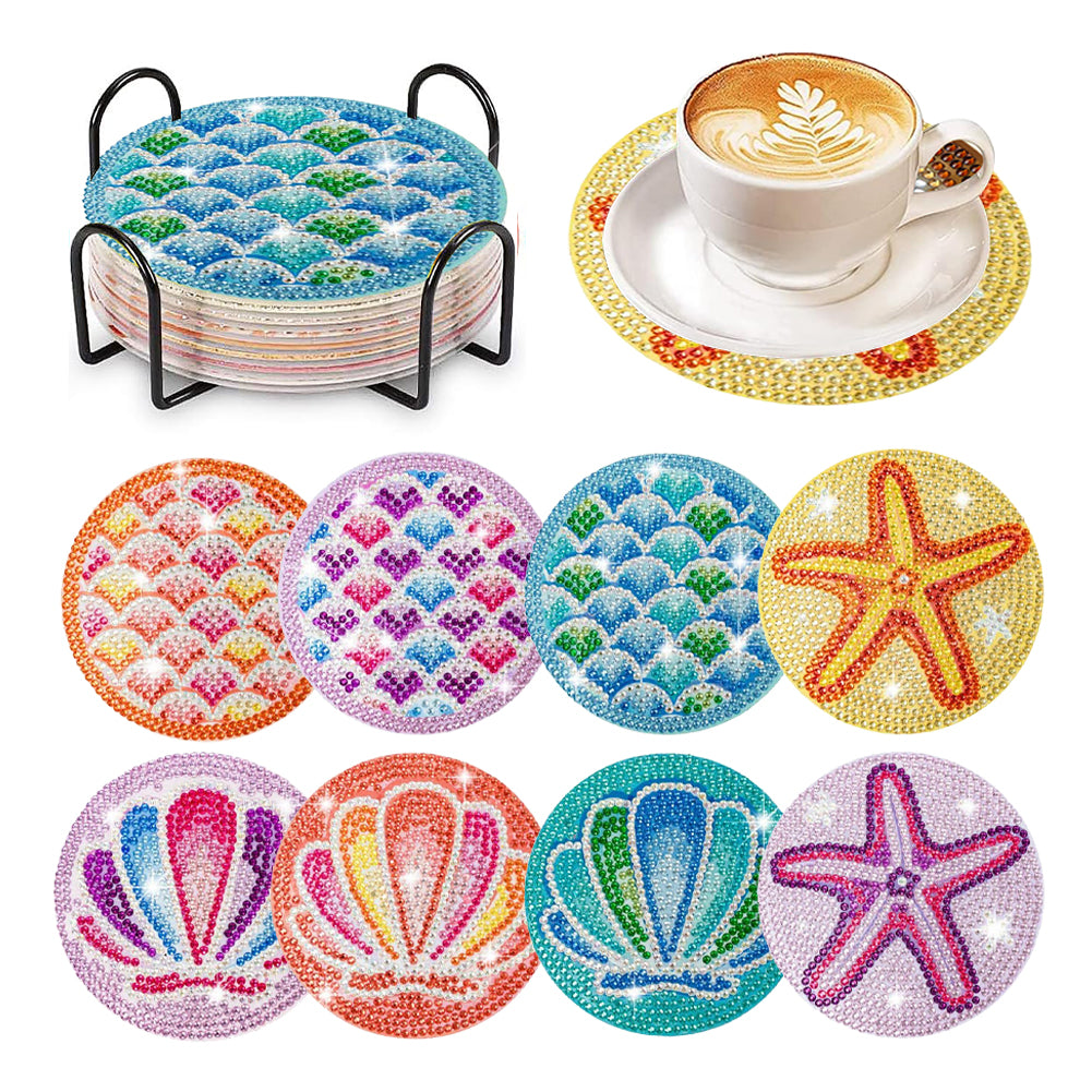 8 Pcs Acrylic Diamond Painting Art Coasters Kit with Holder (Ocean Pattern)