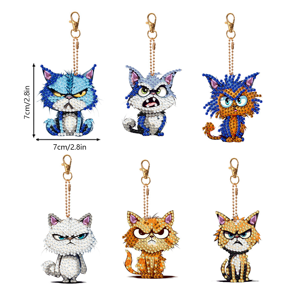 6 PCS Double Sided Special Shape Diamond Painting Keychain (Fierce Cute Cat)