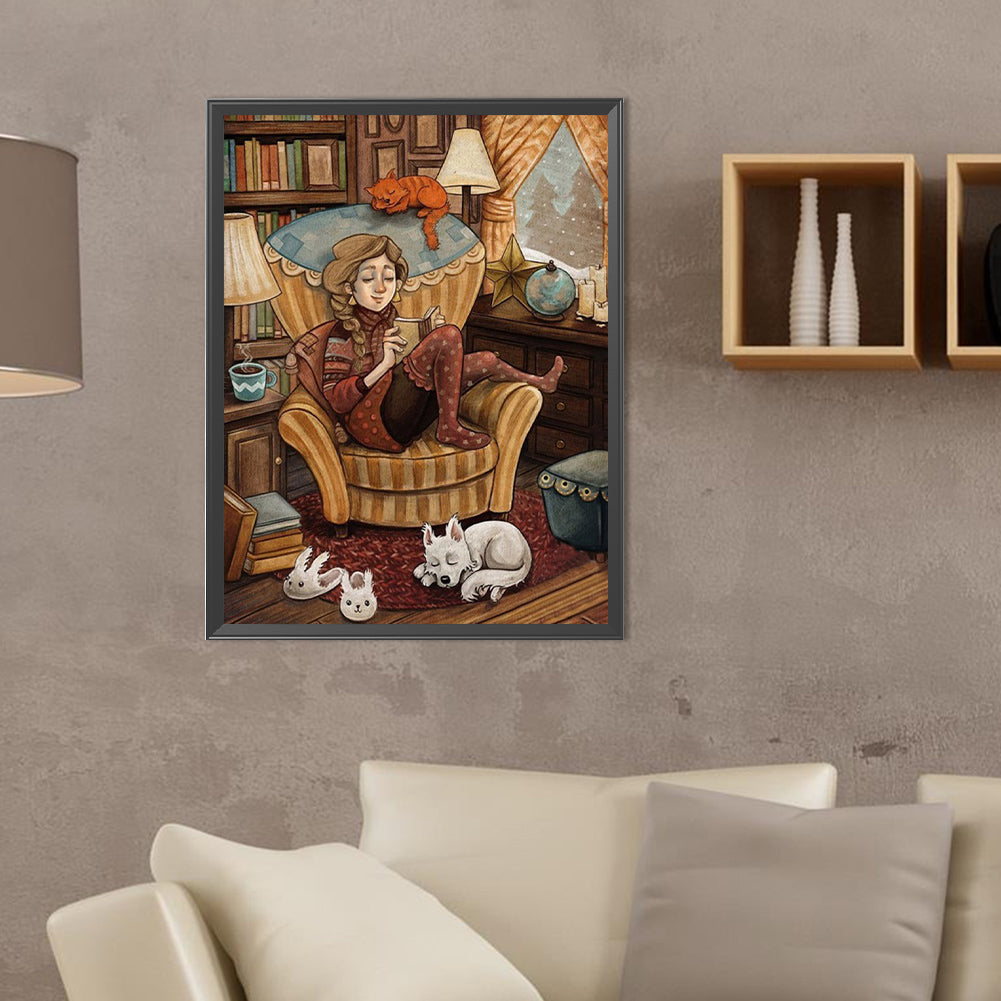 Girl Reading Book - Full Round Drill Diamond Painting 30*40CM