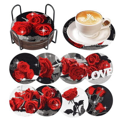 8 Pcs Acrylic Red Rose Diamond Painting Crafts Coaster with Holder for Beginners