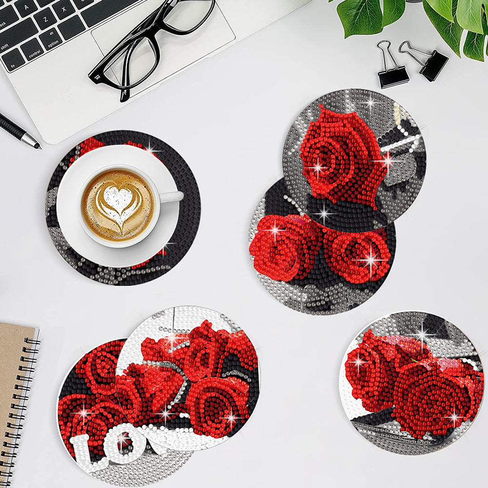 8 Pcs Acrylic Red Rose Diamond Painting Crafts Coaster with Holder for Beginners
