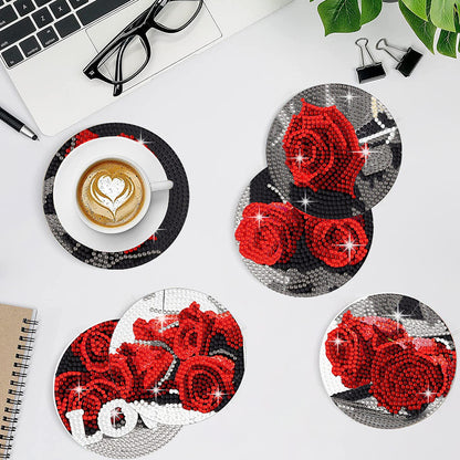 8 Pcs Acrylic Red Rose Diamond Painting Crafts Coaster with Holder for Beginners