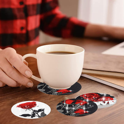 8 Pcs Acrylic Red Rose Diamond Painting Crafts Coaster with Holder for Beginners