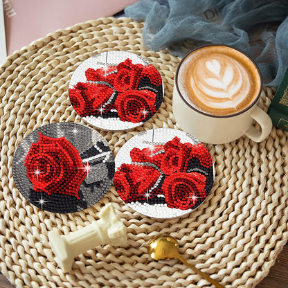 8 Pcs Acrylic Red Rose Diamond Painting Crafts Coaster with Holder for Beginners