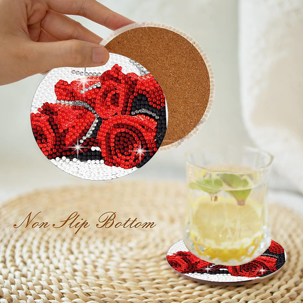 8 Pcs Acrylic Red Rose Diamond Painting Crafts Coaster with Holder for Beginners