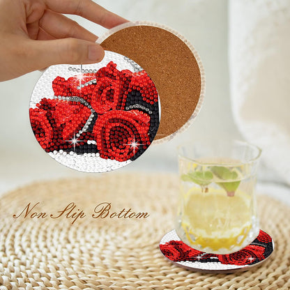 8 Pcs Acrylic Red Rose Diamond Painting Crafts Coaster with Holder for Beginners