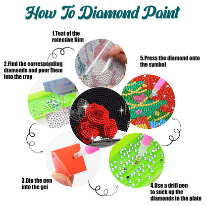 8 Pcs Acrylic Red Rose Diamond Painting Crafts Coaster with Holder for Beginners