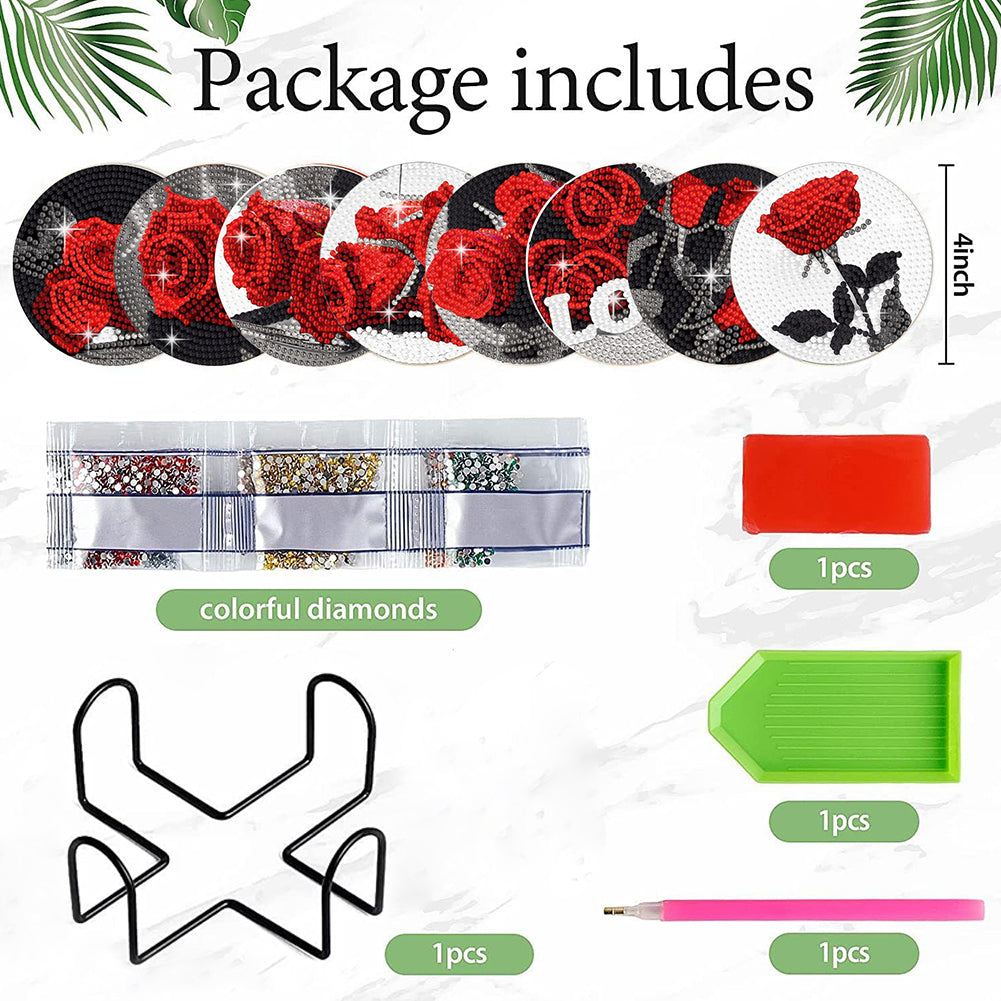 8 Pcs Acrylic Red Rose Diamond Painting Crafts Coaster with Holder for Beginners