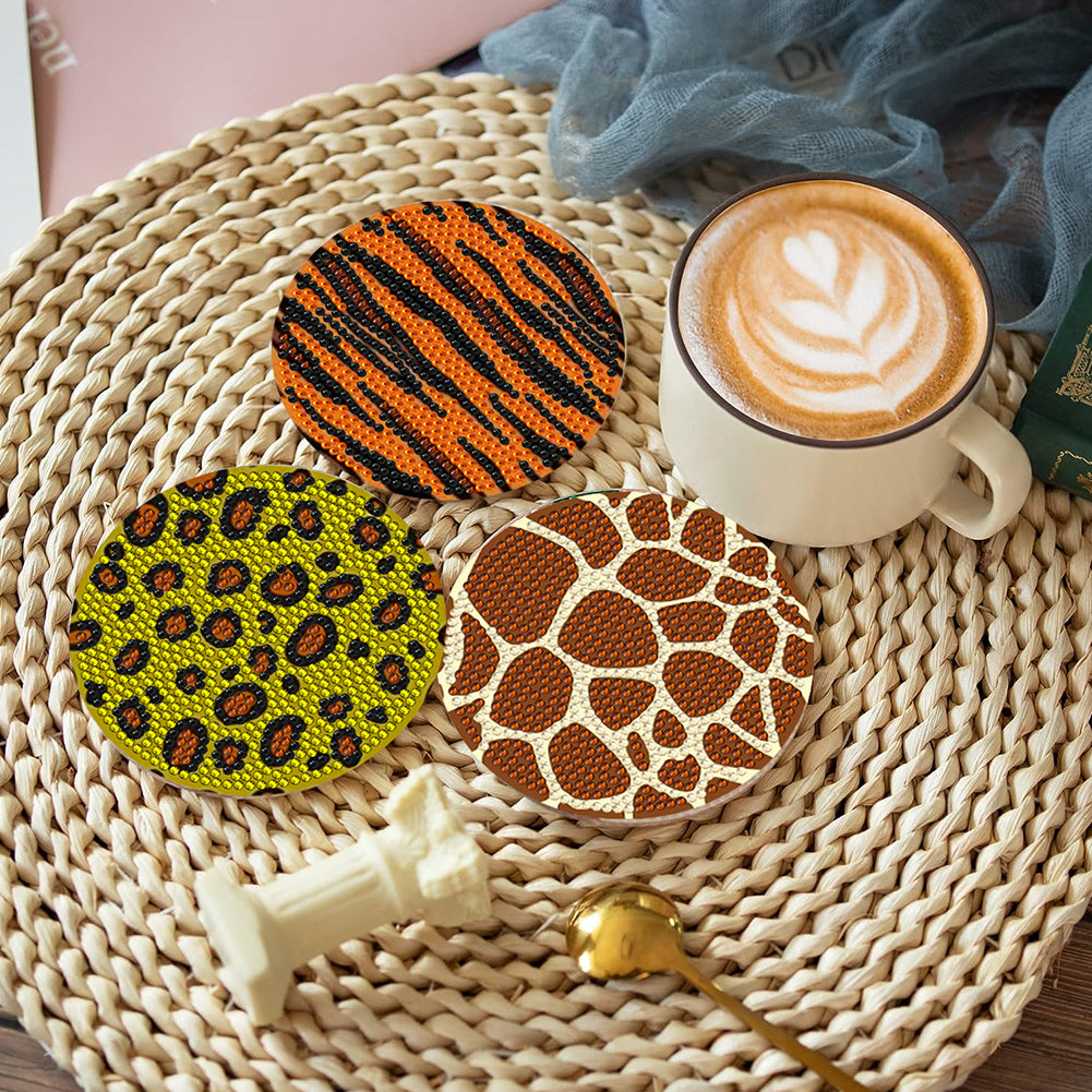 8 Pcs Wooden DIY Diamond Painting Art Coaster Kit with Holder (Animal Texture)