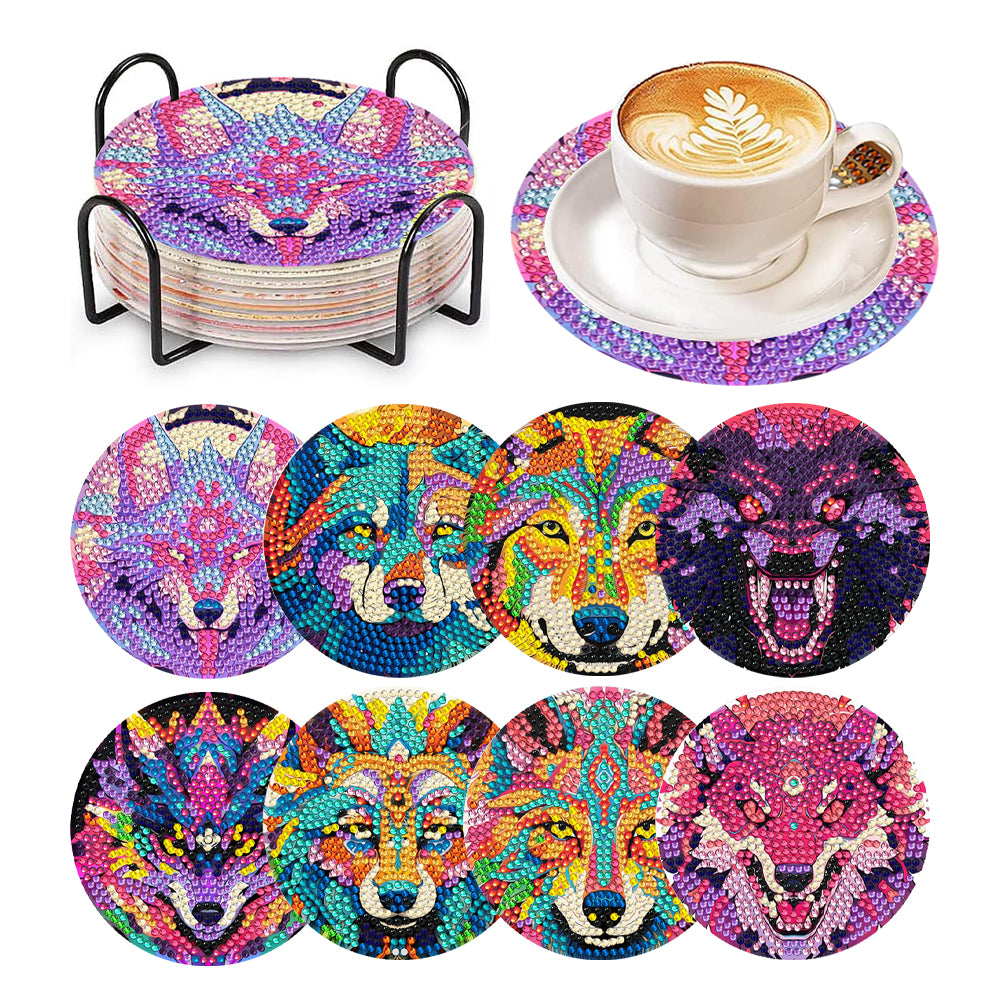8 Pcs Wooden DIY Diamond Painting Art Crafts Coaster Kit with Holder (Wolf)