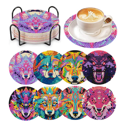 8 Pcs Wooden DIY Diamond Painting Art Crafts Coaster Kit with Holder (Wolf)