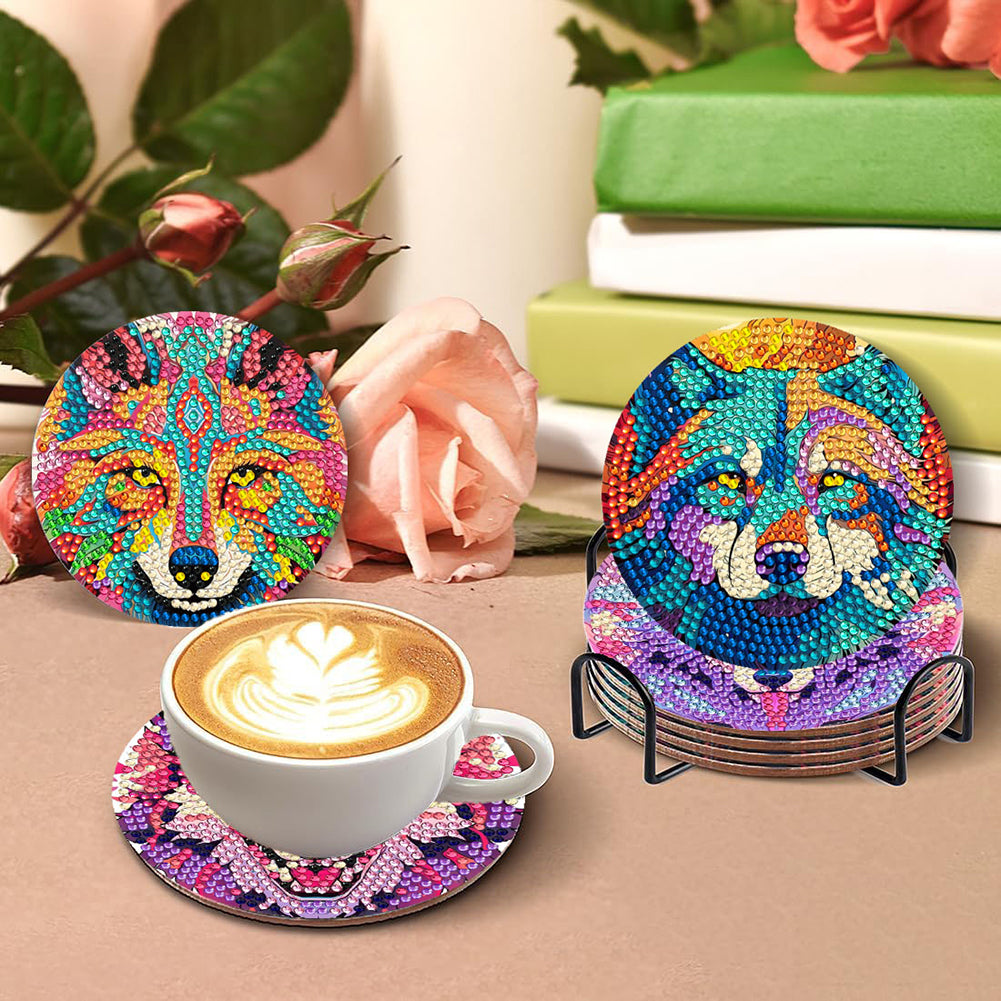 8 Pcs Wooden DIY Diamond Painting Art Crafts Coaster Kit with Holder (Wolf)