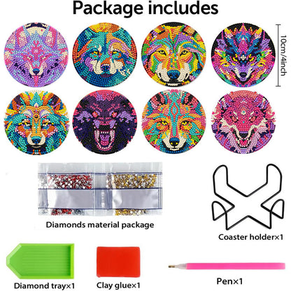 8 Pcs Wooden DIY Diamond Painting Art Crafts Coaster Kit with Holder (Wolf)