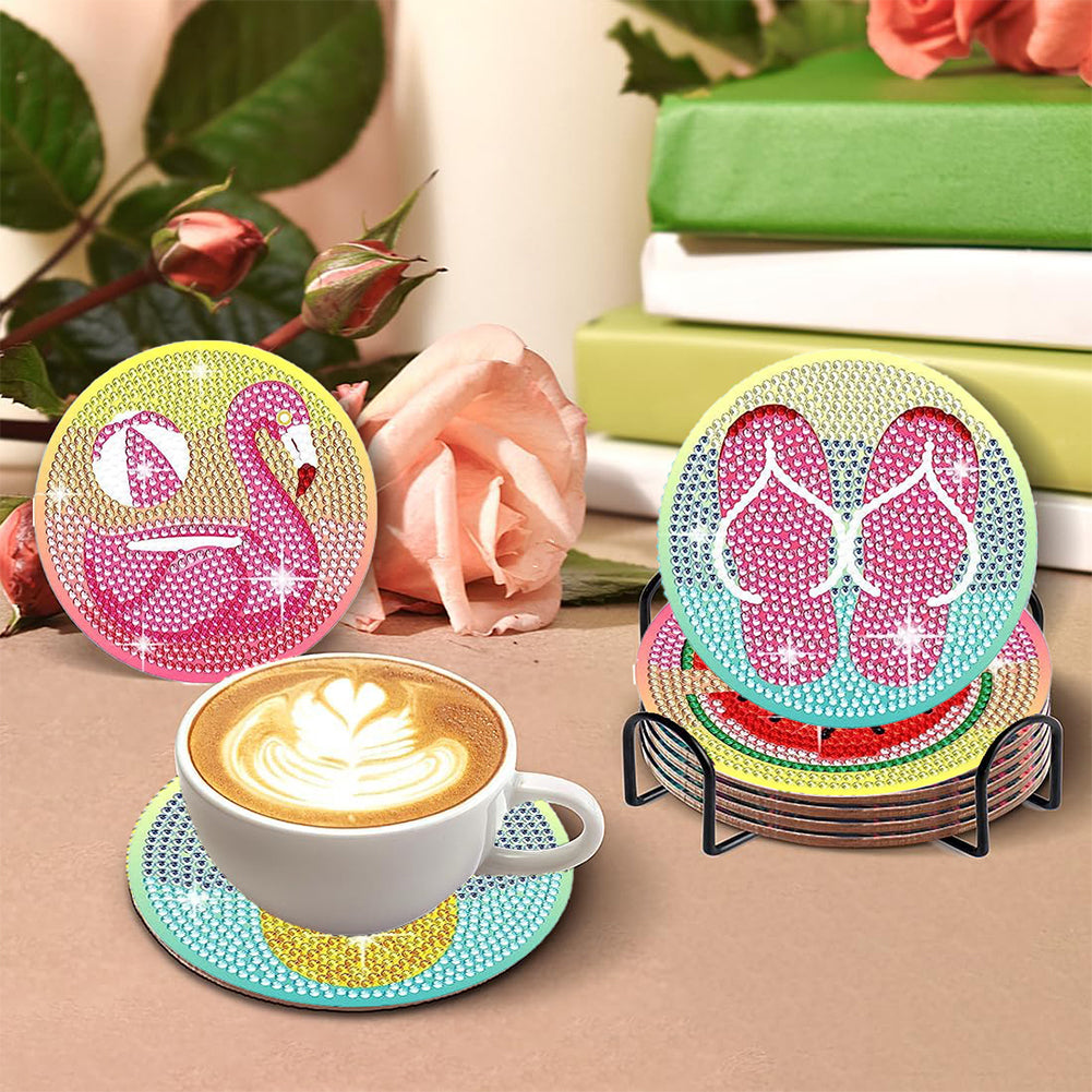 8 Pcs Wooden DIY Diamond Painting Coasters Kits with Holder (Colourful Holiday)