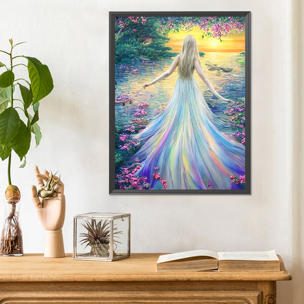 Girl In Colorful Skirt By The Lake - Full Round Drill Diamond Painting 30*40CM