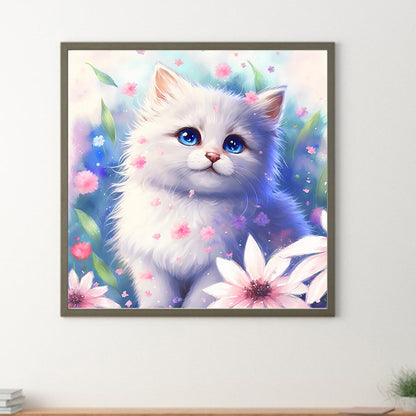 Flowers And White Cat - Full Round Drill Diamond Painting 30*30CM