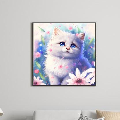 Flowers And White Cat - Full Round Drill Diamond Painting 30*30CM