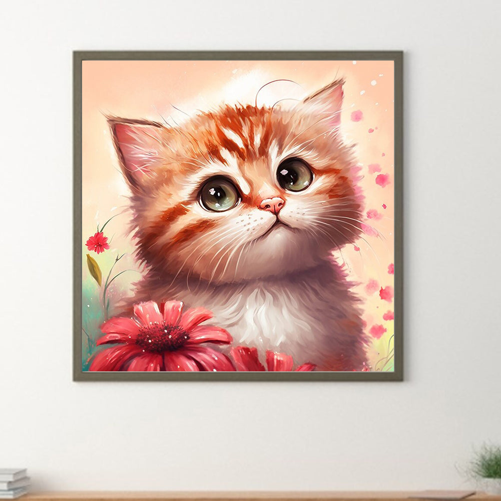 Flower And Orange Cat - Full Round Drill Diamond Painting 30*30CM