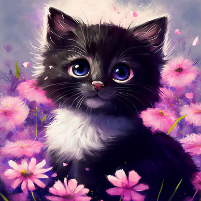 Purple Flower And Black Cat - Full Round Drill Diamond Painting 30*30CM