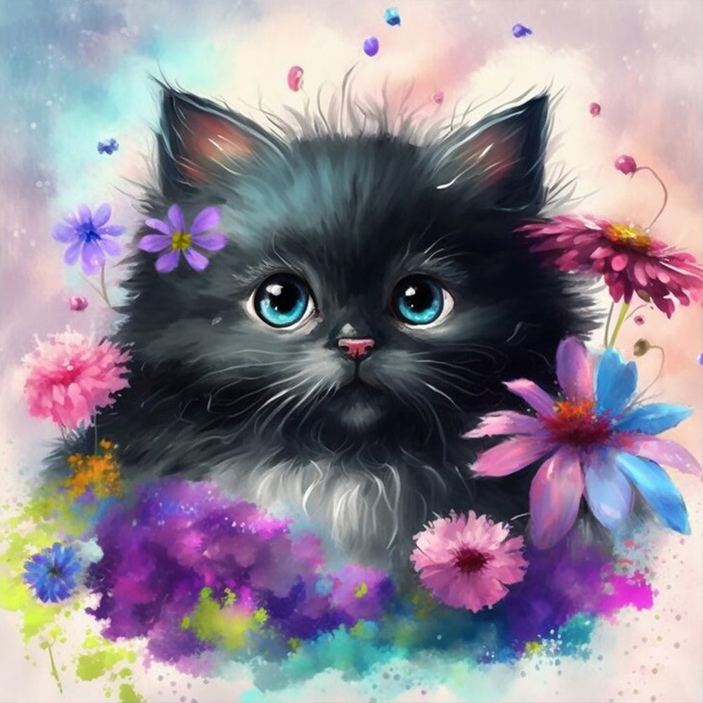 Flowers And Black Cat - Full Round Drill Diamond Painting 30*30CM
