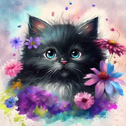 Flowers And Black Cat - Full Round Drill Diamond Painting 30*30CM