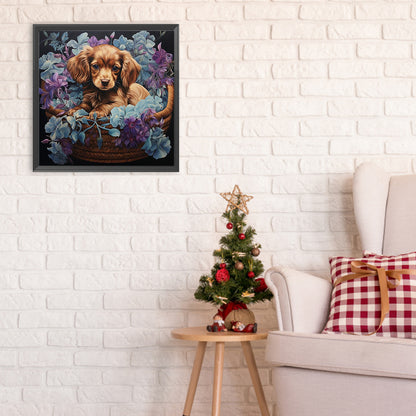 Puppy In Flower Basket - Full Round Drill Diamond Painting 30*30CM