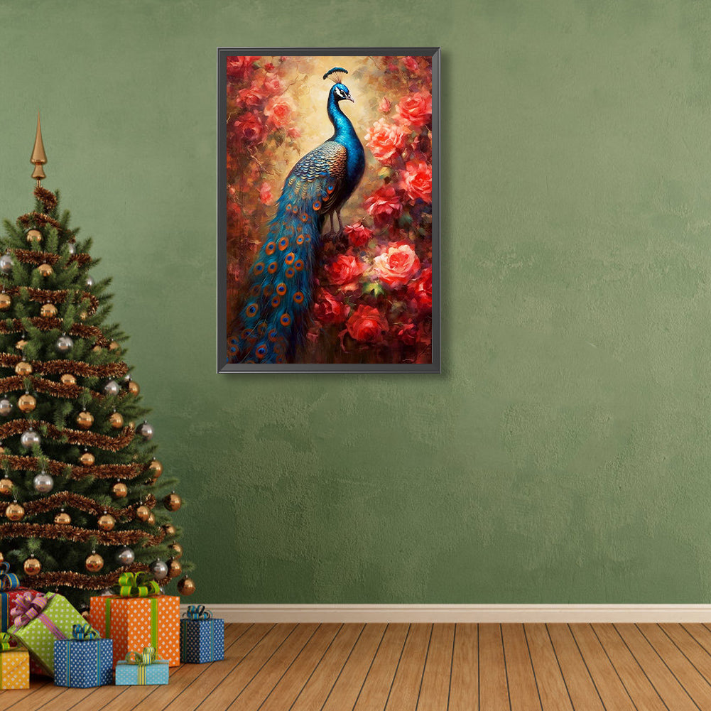 Peacock And Red Flower - Full Round Drill Diamond Painting 40*60CM