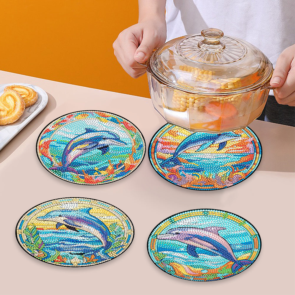 4 PCS Wood Diamond Painted Placemats Kitchen Dish Mat with Holder (Dolphin)