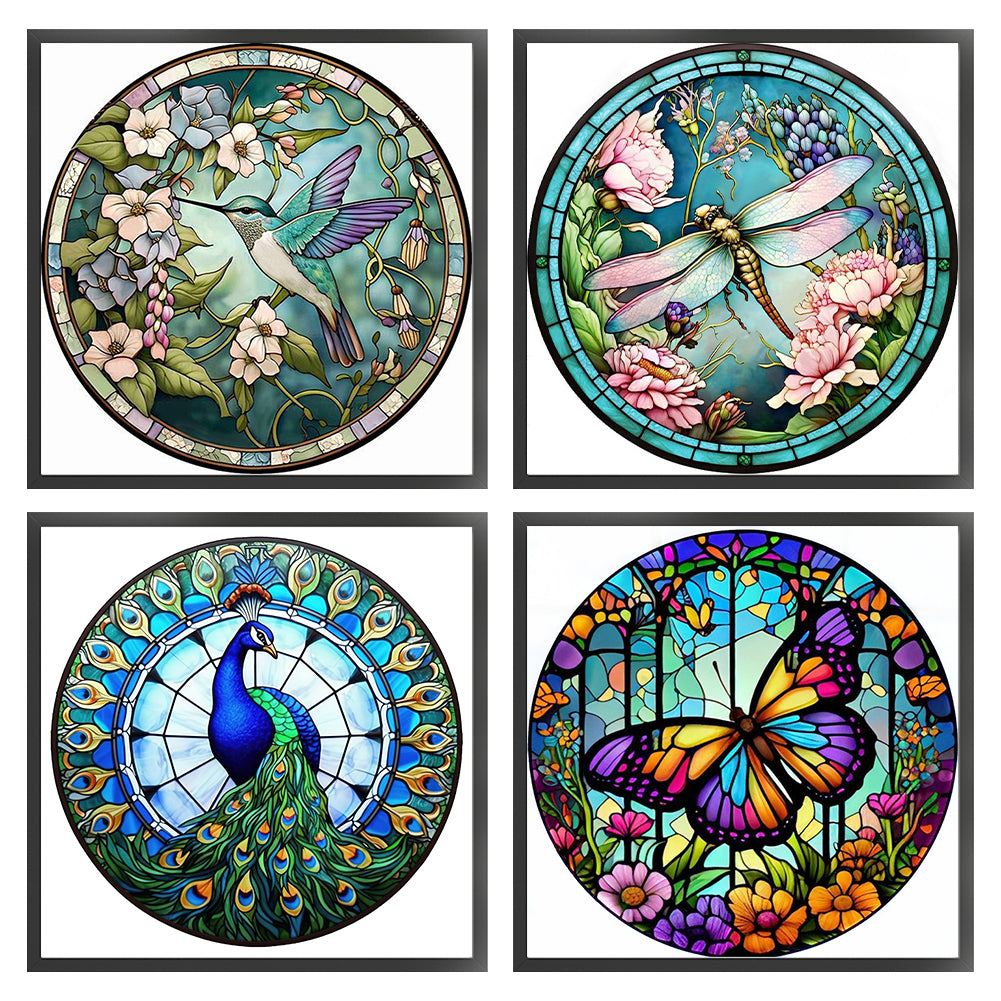 Glass Painting-Hummingbird, Dragonfly, Peacock, Butterfly - 18CT Stamped Cross Stitch