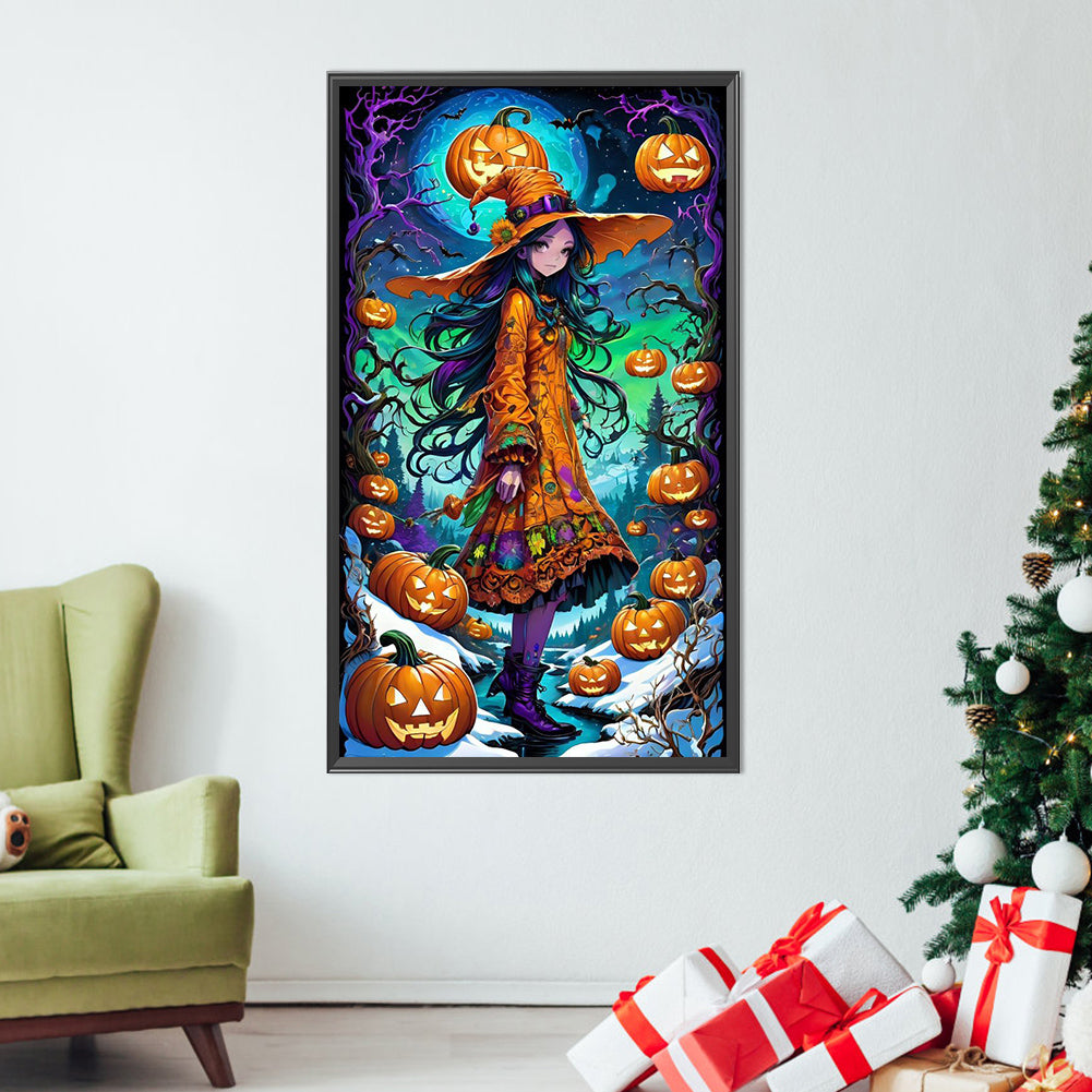 Girl In Fancy Dress And Jack-O'-Lantern - Full AB Round Drill Diamond Painting 40*70CM