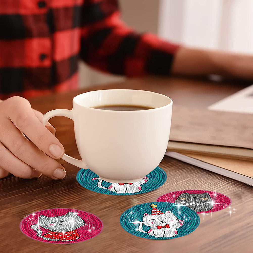 8 Pcs Acrylic Diamond Painting Coasters Kits with Holder Cork Pads (Cartoon Cat)