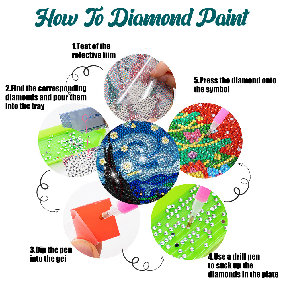 6Pcs Acrylic Diamond Painting Coasters with Holder Cork Pads(Van Gogh Sunflower)