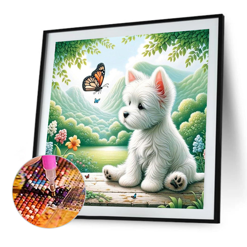 Dog And Butterfly - Full AB Round Drill Diamond Painting 30*30CM