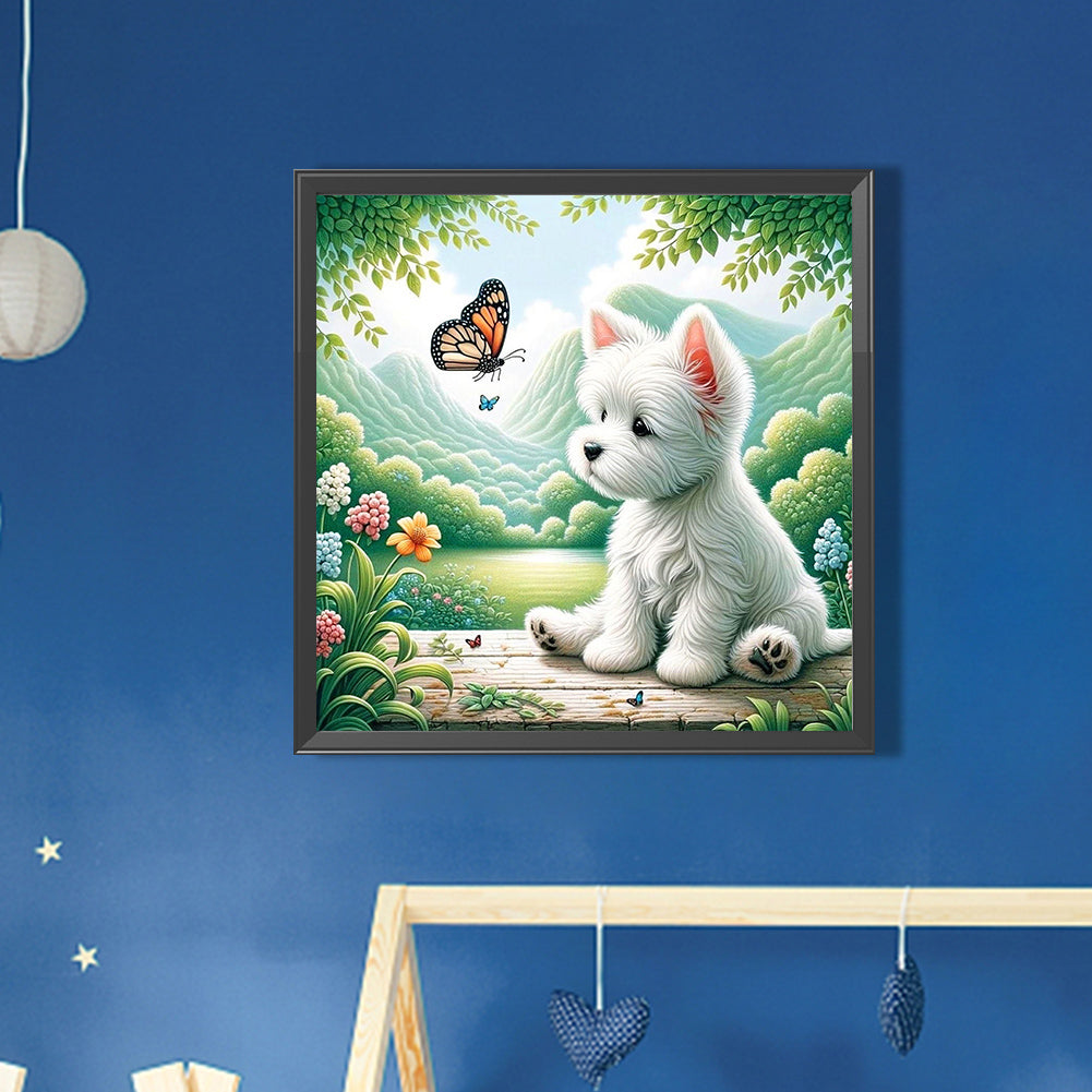 Dog And Butterfly - Full AB Round Drill Diamond Painting 30*30CM