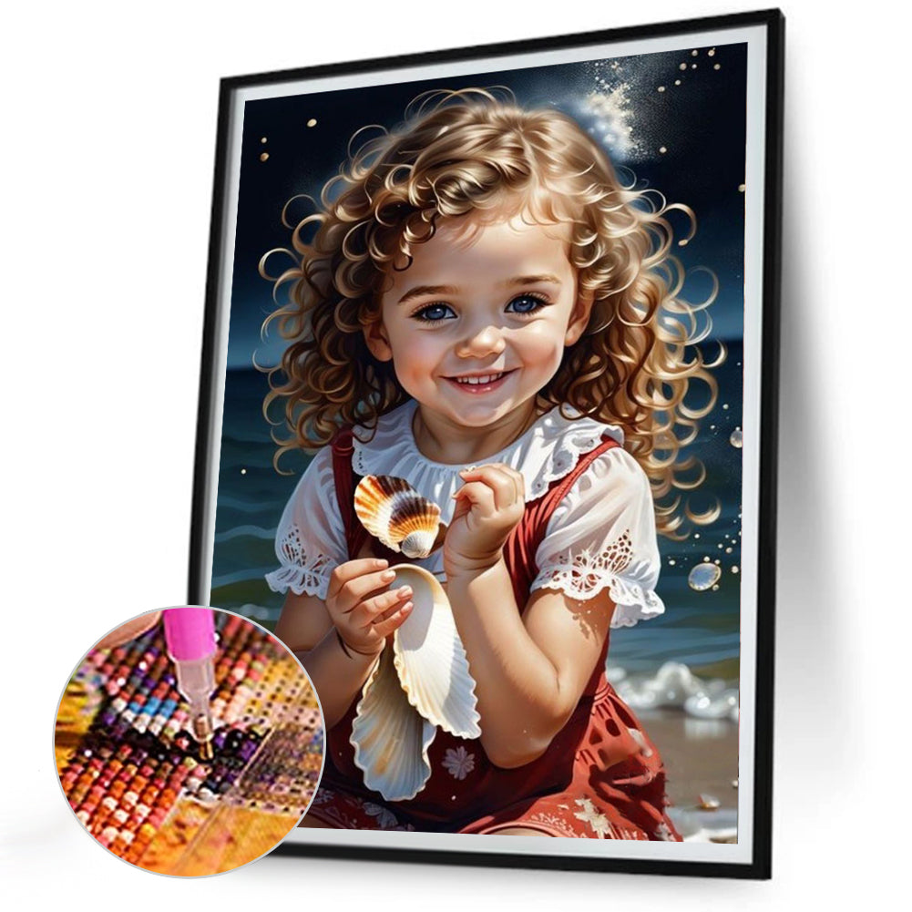 Little Girl Playing At The Beach - Full Round Drill Diamond Painting 30*40CM