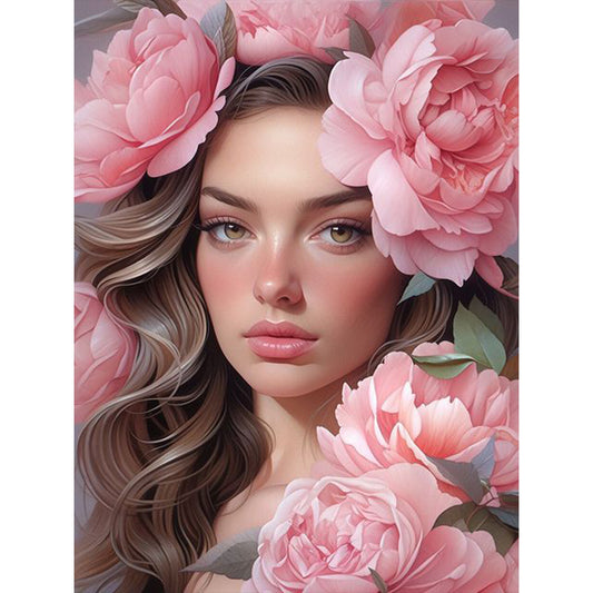 Pink Peony And Woman - 11CT Stamped Cross Stitch 50*65CM