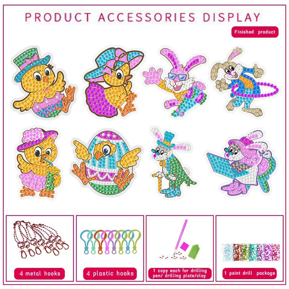 8PCS Double Sided Diamond Painting Keychain for Beginners (Cartoon Rabbit Duck)
